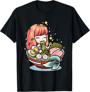 Cute Mermaid Eating Ramen Kawaii Noodle Bowl T-Shirt - T-Shirt | Black
