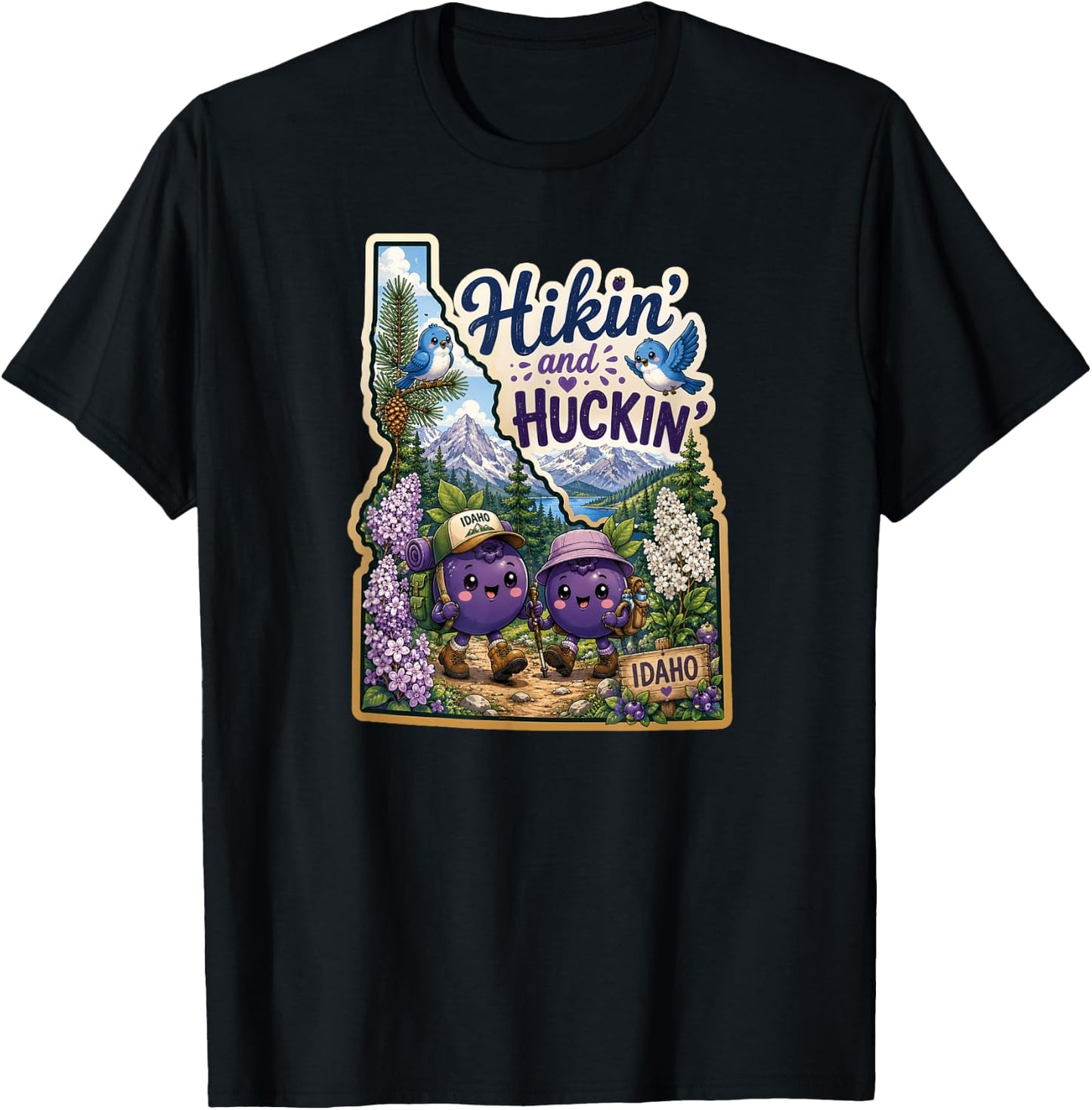 Idaho Hikin' and Huckin' Kawaii Huckleberry Adventure Design T-Shirt - T-Shirt | Black