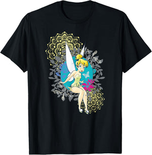 Tinkerbell Floral Pattern , Black, S T-Shirt - T-Shirt | Black