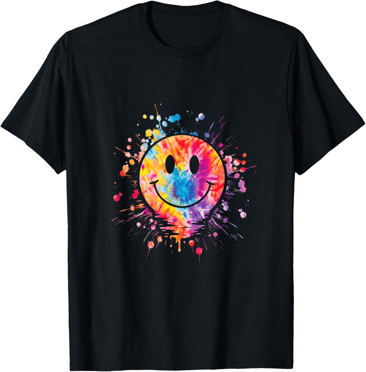 Retro Happy Face Rainbow Tie Dye Splatter 70s Peace Smile T-Shirt - T-Shirt | Black