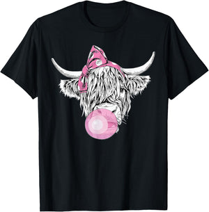 Bubble Gum Highland Cow Women Girls Heifer Farm Cow Lover T-Shirt - T-Shirt | Black