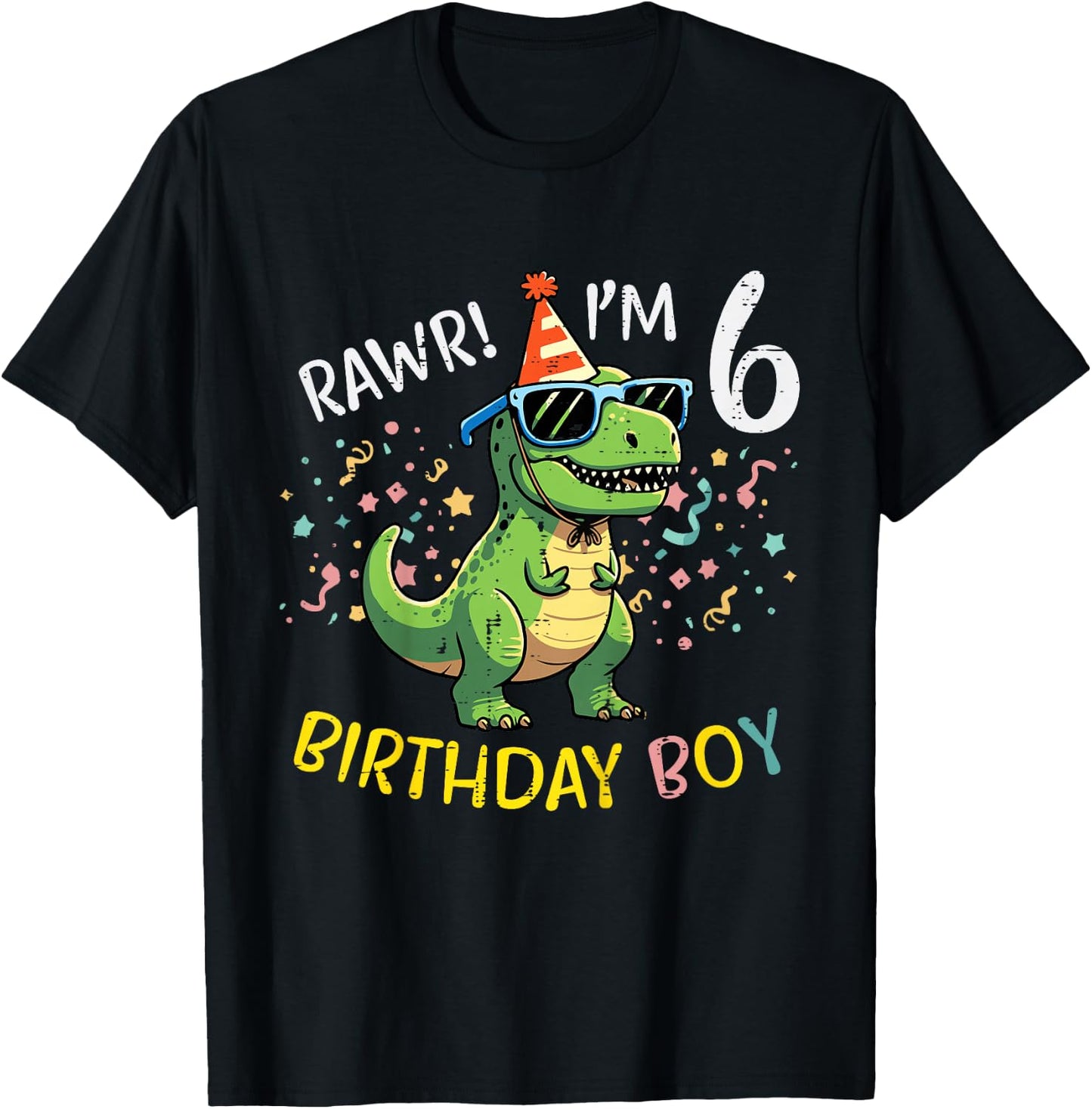 Kids 6th Birthday Trex Bday Boy Rawr Im 6 Years Old Boys Kids T-Shirt - T-Shirt | Black