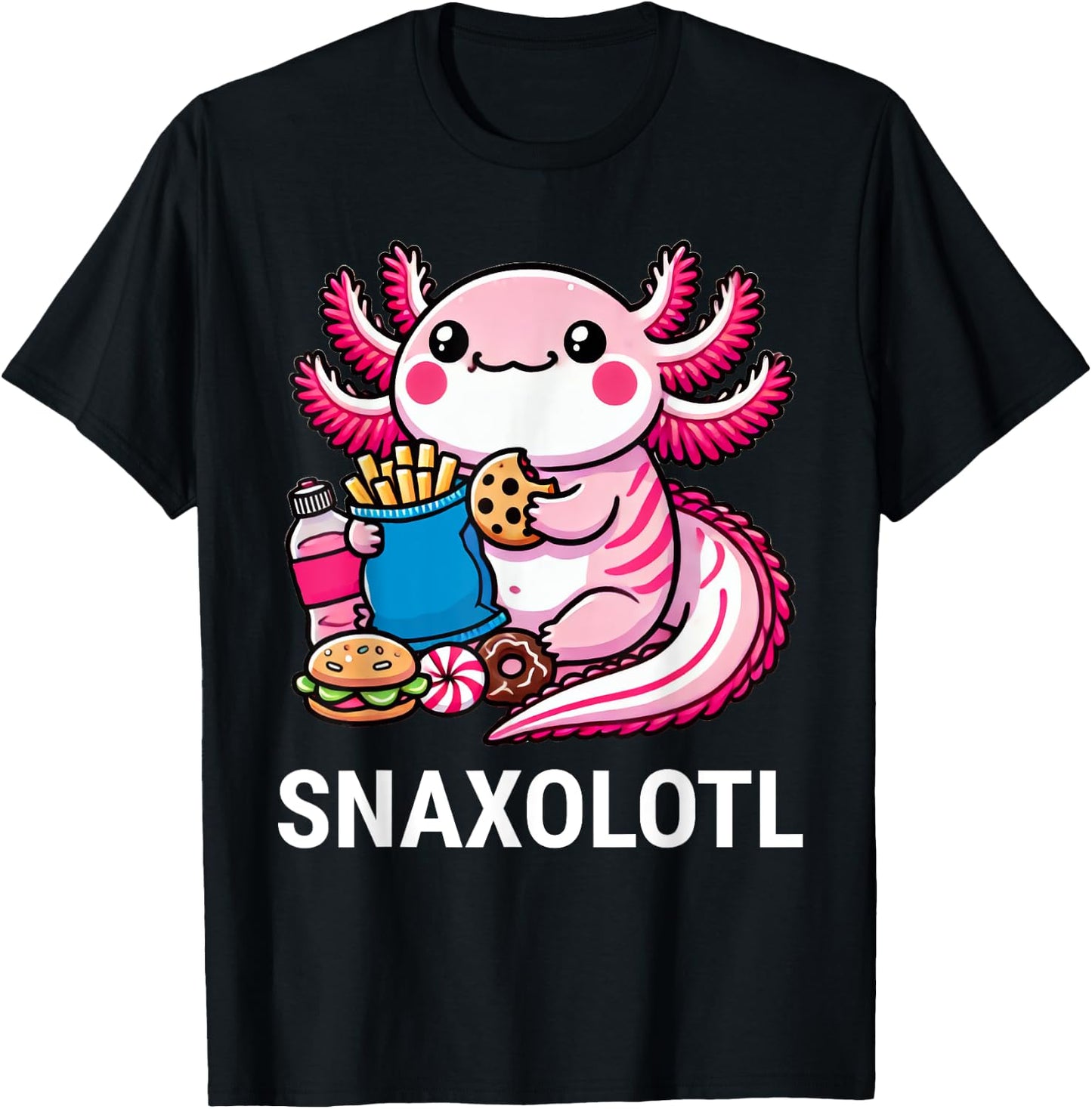 Snaxolotl Axolotl Snacks Funny Food Kawaii T-Shirt - T-Shirt | Black
