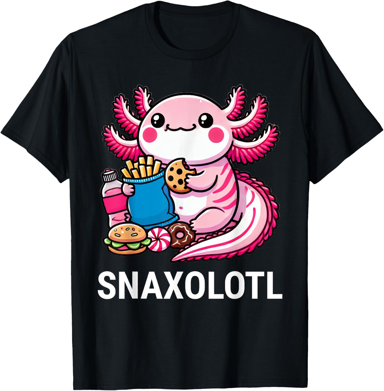 Snaxolotl Axolotl Snacks Funny Food Kawaii T-Shirt - T-Shirt | Black