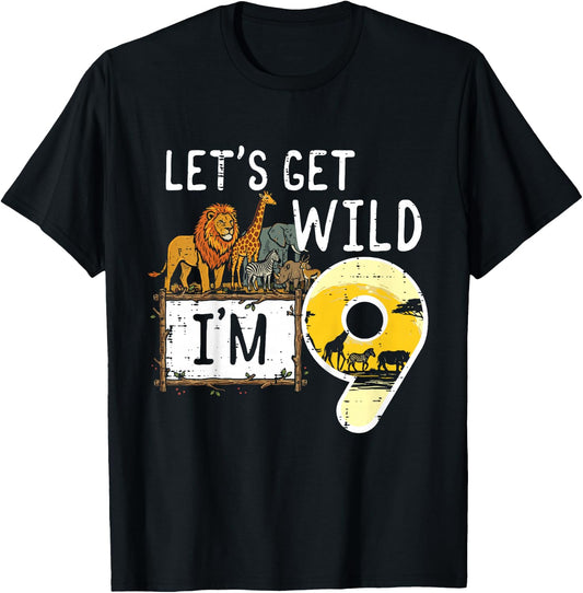 Kids Lets Get Wild Im 9 Safari 9th Birthday Zoo Boys Girls Kids T-Shirt - T-Shirt | Black