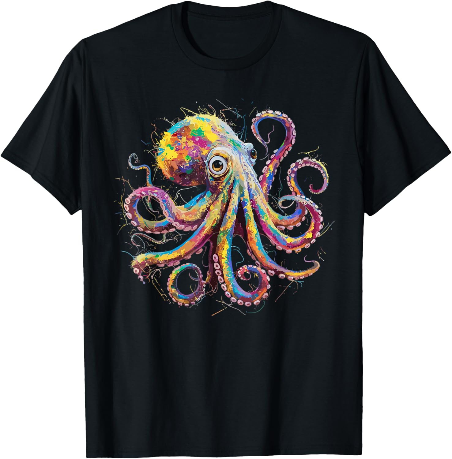 Colorful Paint Splash Octopus Art Graphic T-Shirt - T-Shirt | Black