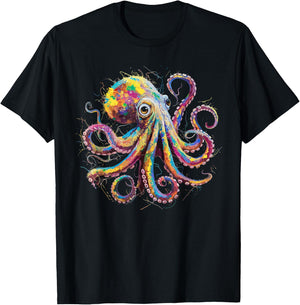 Colorful Paint Splash Octopus Art Graphic T-Shirt - T-Shirt | Black