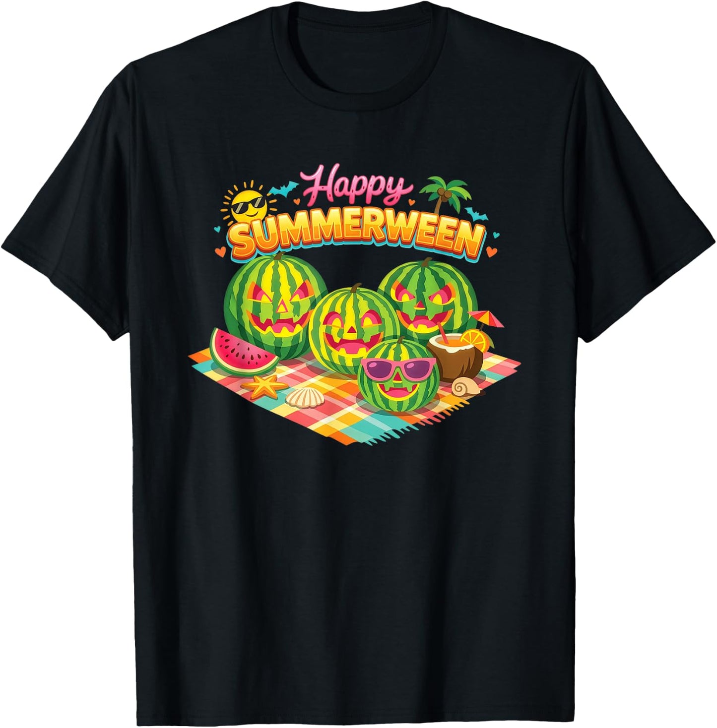 Happy Summerween Watermelon Jack O Lanterns Picnic T-Shirt - T-Shirt | Black