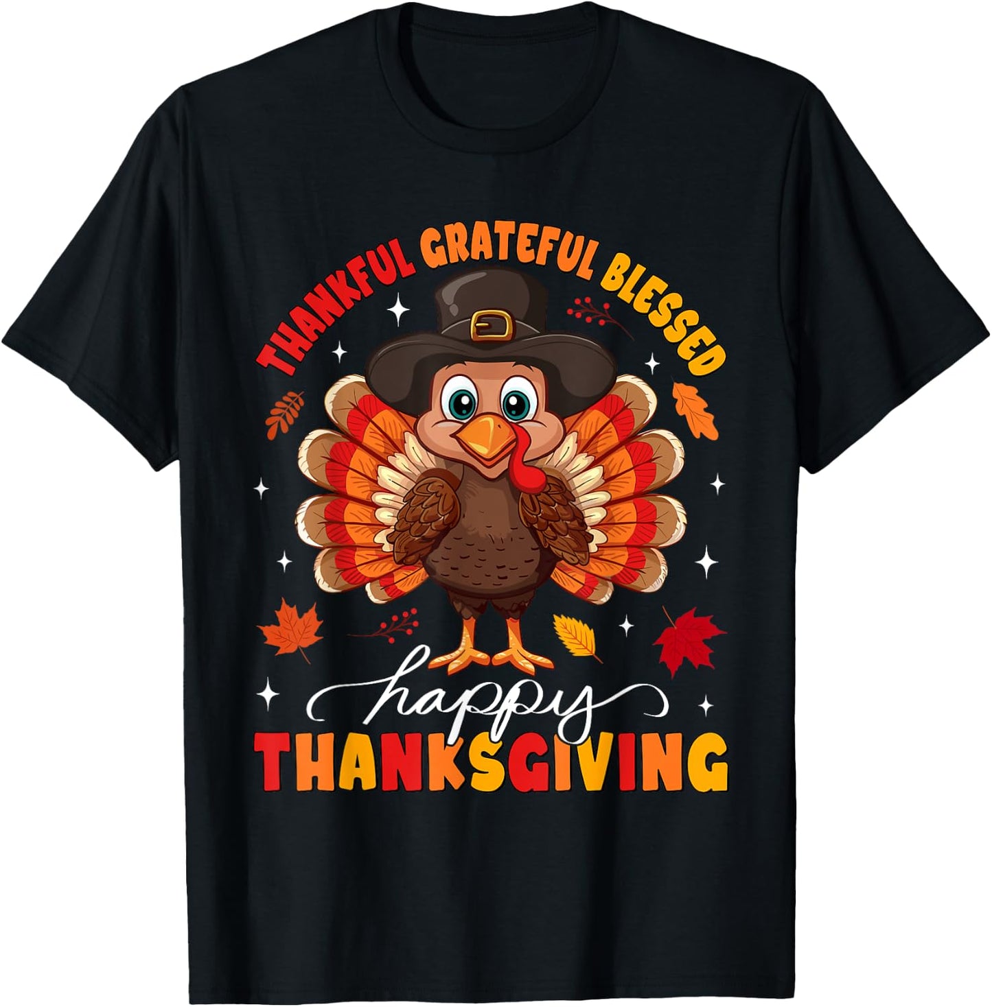 Thankful Grateful Blessed Thanksgiving Turkey Women Men Kids T-Shirt - T-Shirt | Black