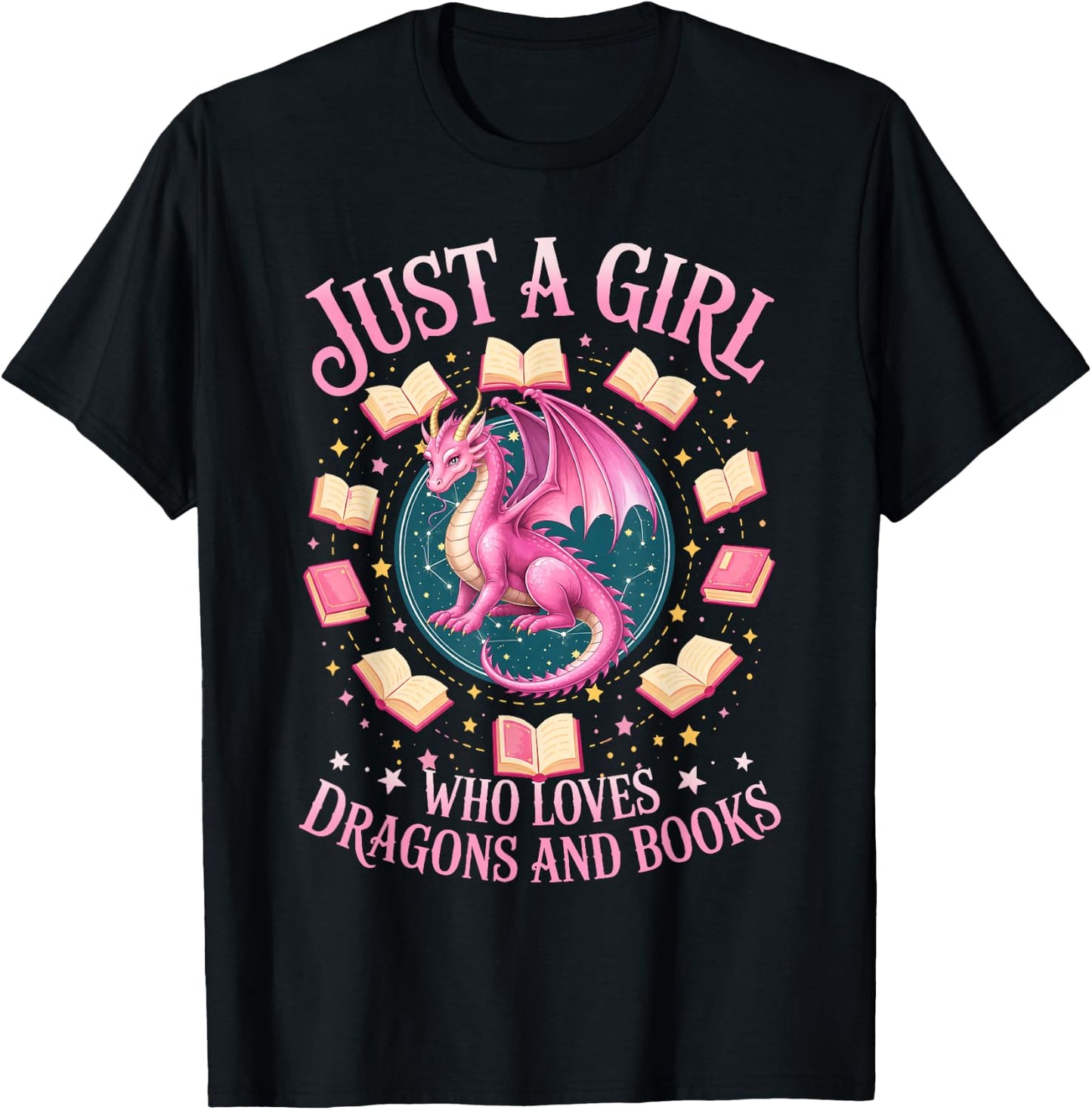 Just A Girl Who Loves Dragons and Books Pink Dragon Reading T-Shirt - T-Shirt | Black