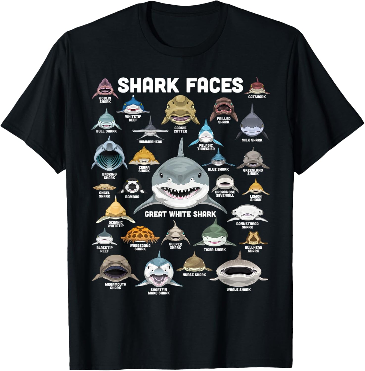 Shark Faces Shirt Types of Shark Funny Marine Biology Shark T-Shirt - T-Shirt | Black