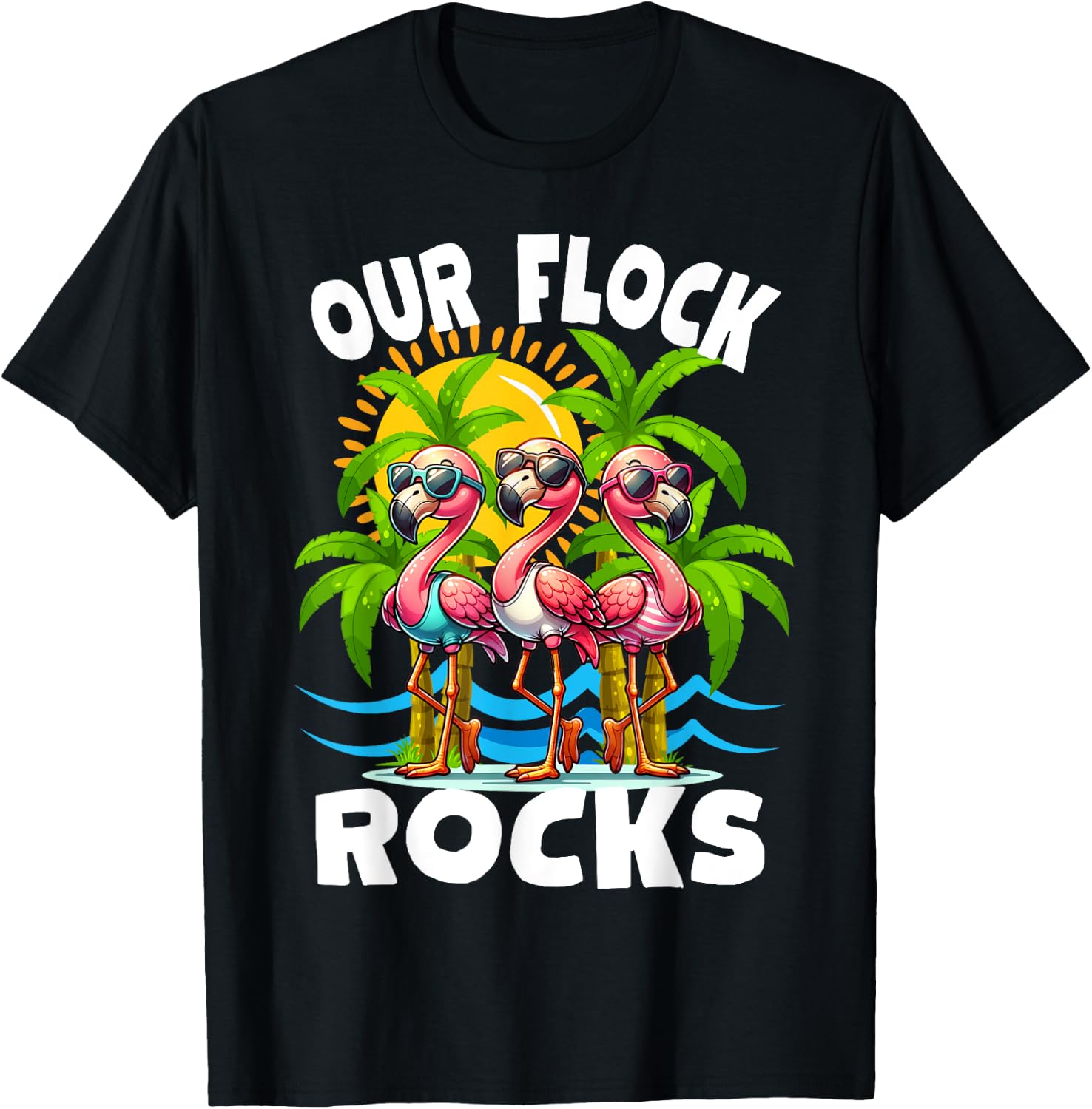 Our Flock Rocks Funny Flamingo Matching Family Vacation T-Shirt - T-Shirt | Black