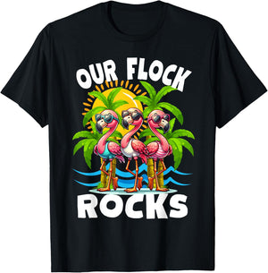 Our Flock Rocks Funny Flamingo Matching Family Vacation T-Shirt - T-Shirt | Black