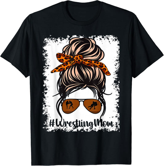 Bleached Life Wrestling Mom Leopard Messy Bun Glasses T-Shirt - T-Shirt | Black