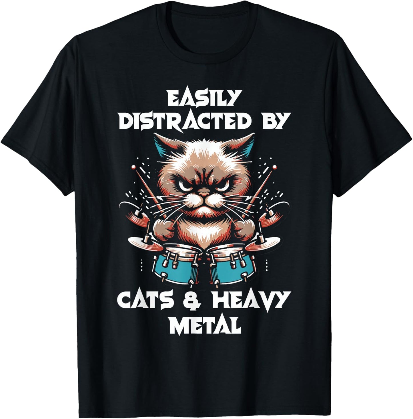 Easily distracted by cats and heavy metals - Funny Rock Cat , Black, S T-Shirt - T-Shirt | Black