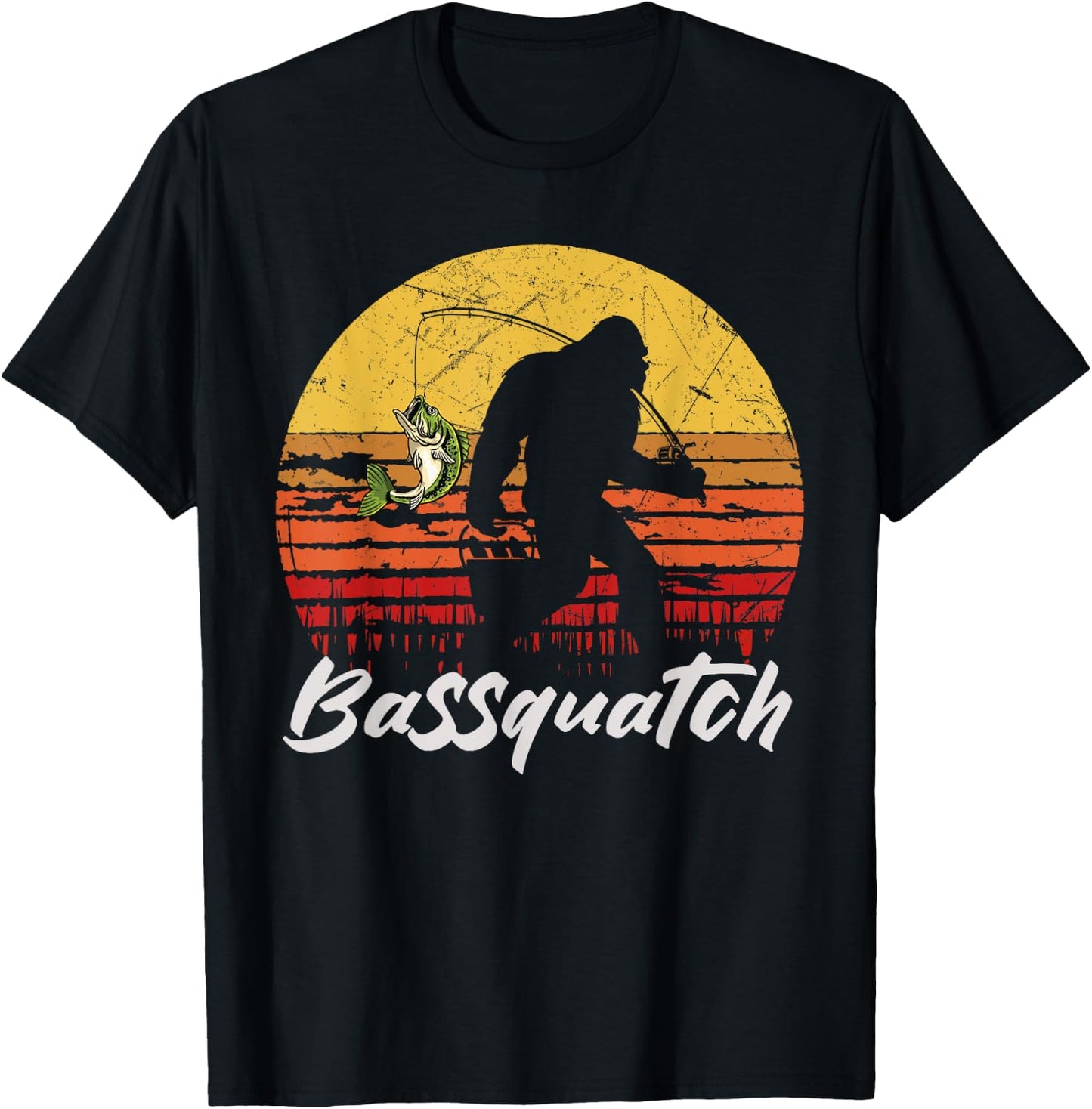 Man Outdoor Fishing Bassquatch Bigfoot Bass Fish Vintage T-Shirt - T-Shirt | Black