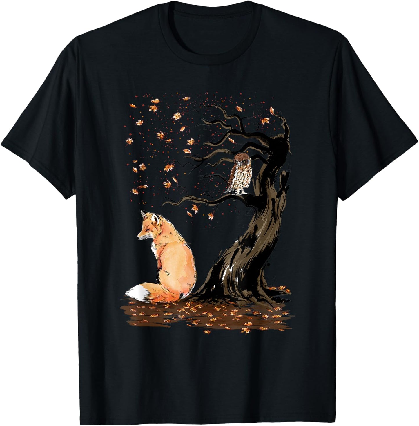 Winds of autumn Sumi-e The fox and the Owl T-Shirt - T-Shirt | Black