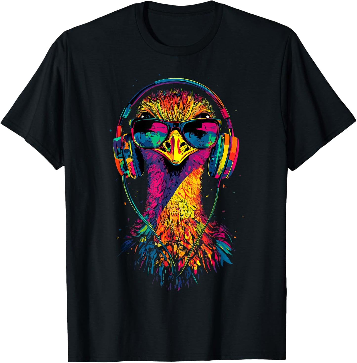 Ostrich Bird with Headphones Colorful Emu Music DJ , Black, S T-Shirt - T-Shirt | Black