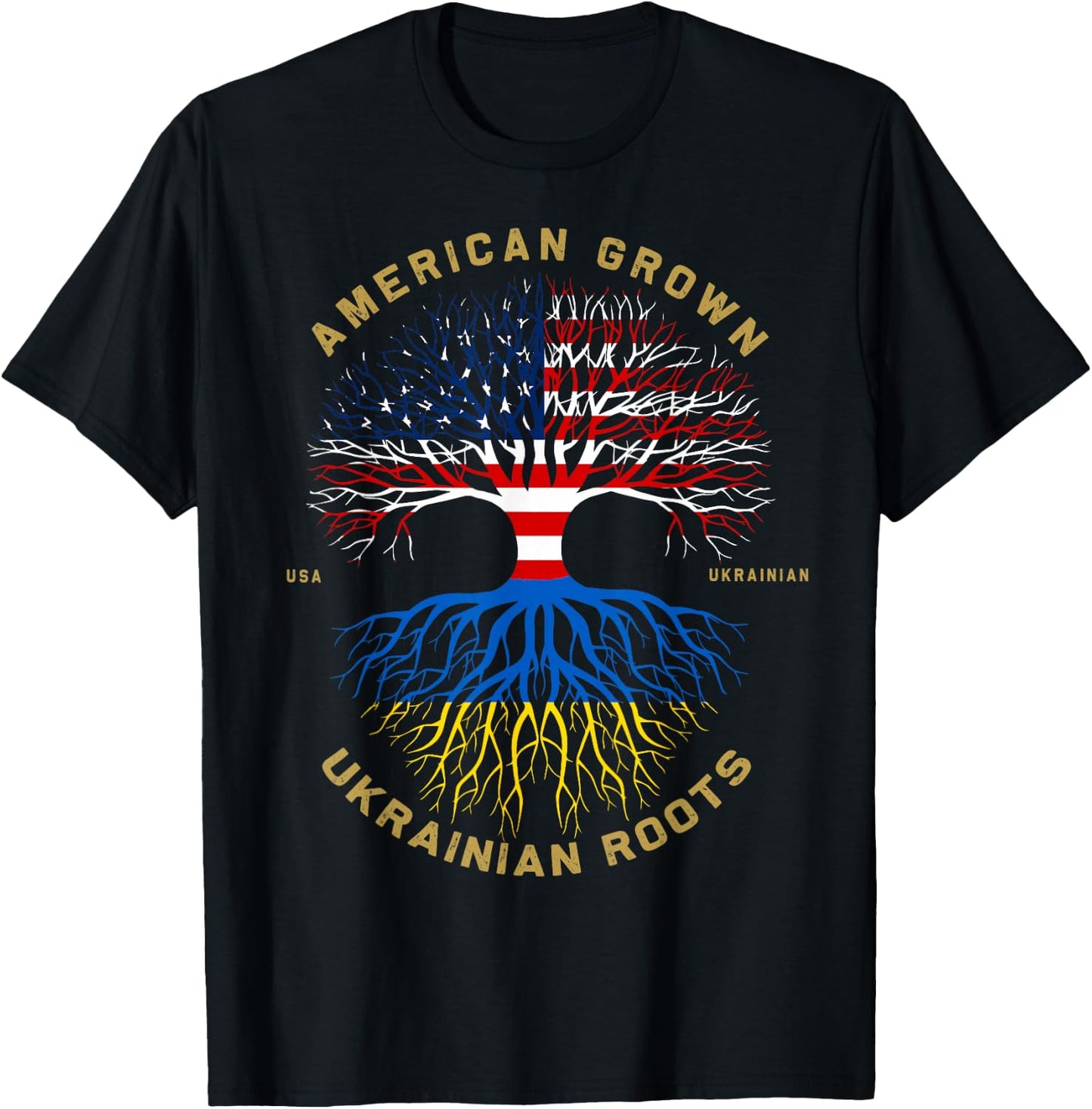 American Grown with Ukrainian Roots Tree Vintage USA Flag T-Shirt - T-Shirt | Black