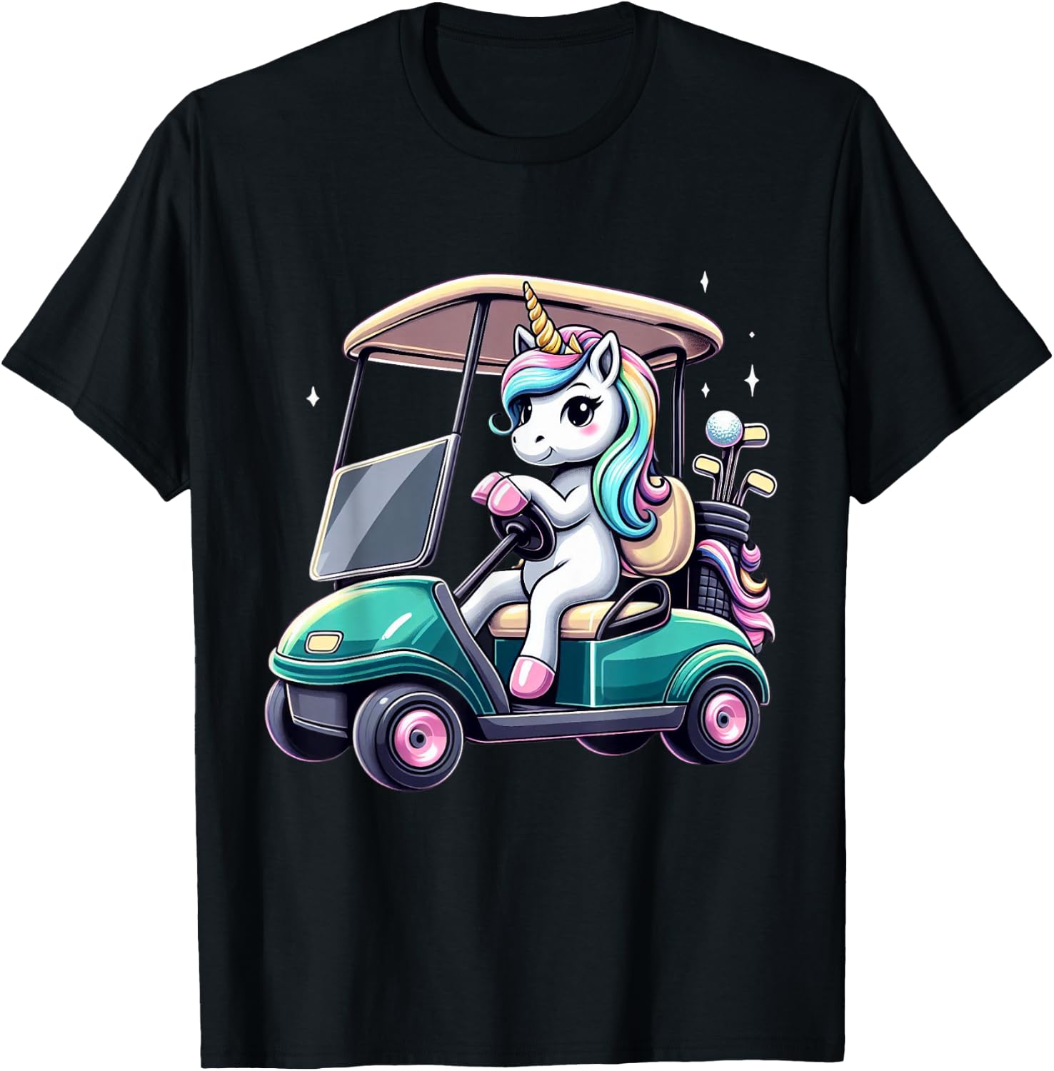 Unicorn Riding Golf Cart Boys Girls Women Kids Teens Rainbow T-Shirt - T-Shirt | Black