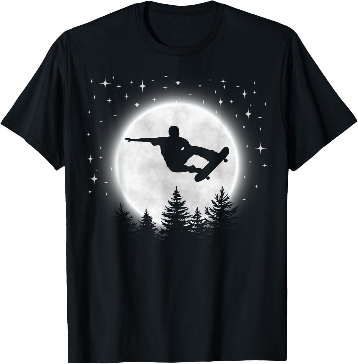 Funny Skateboarder Silhouette Skateboarding Moon Forest T-Shirt - T-Shirt | Black