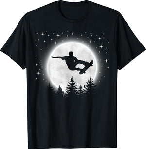 Funny Skateboarder Silhouette Skateboarding Moon Forest T-Shirt - T-Shirt | Black