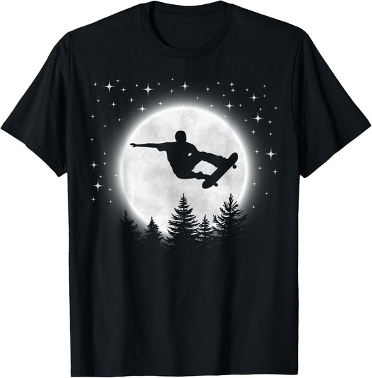 Funny Skateboarder Silhouette Skateboarding Moon Forest T-Shirt - T-Shirt | Black