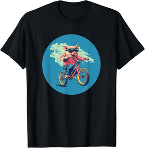 Comical Pig on a Bicycle for a Quirky Adventure T-Shirt - T-Shirt | Black