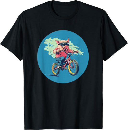 Comical Pig on a Bicycle for a Quirky Adventure T-Shirt - T-Shirt | Black