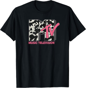 MTV Music Television Cow Print Pattern Classic Logo T-Shirt - T-Shirt | Black