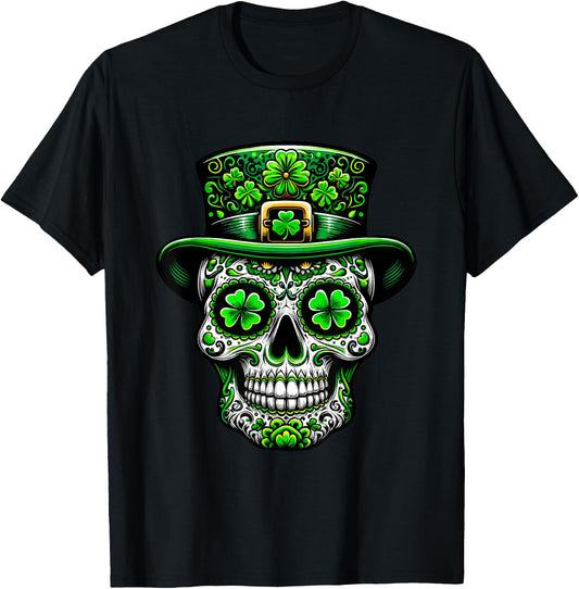 Ireland Sugar Skull Clover Irish St Patricks Day Costume , black T-Shirt - T-Shirt | Black