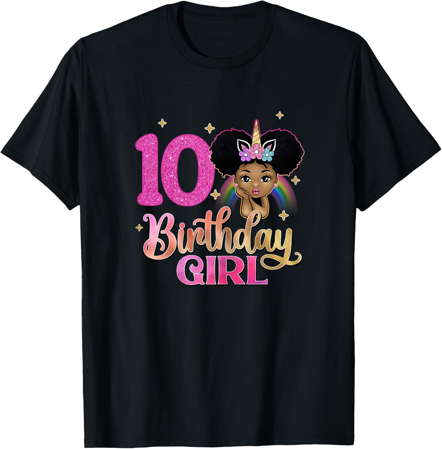 10th Birthday Girl Afro Melanin Unicorn Princess 10 Yrs Old T-Shirt - T-Shirt | Black