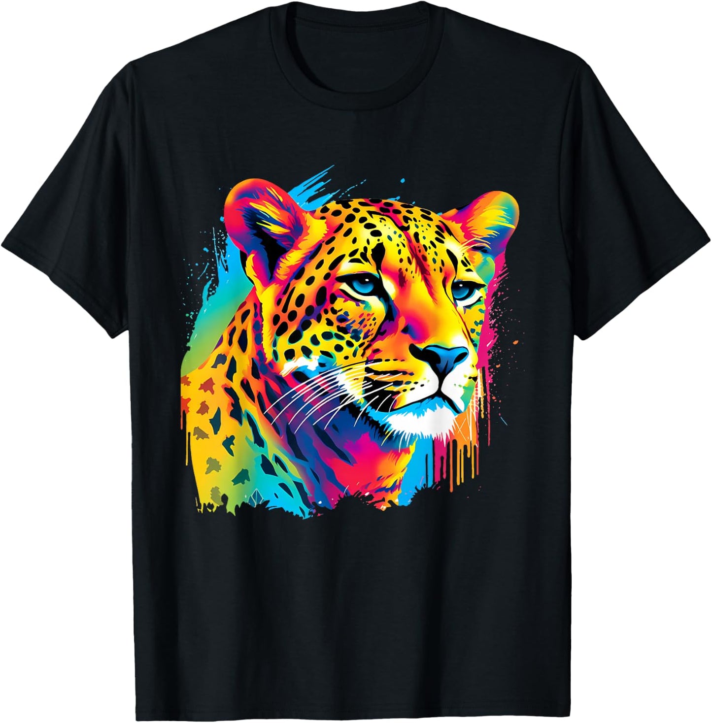 Colorful Cheetah Face Animal Print Big Cat Wildlife Artwork T-Shirt - T-Shirt | Black