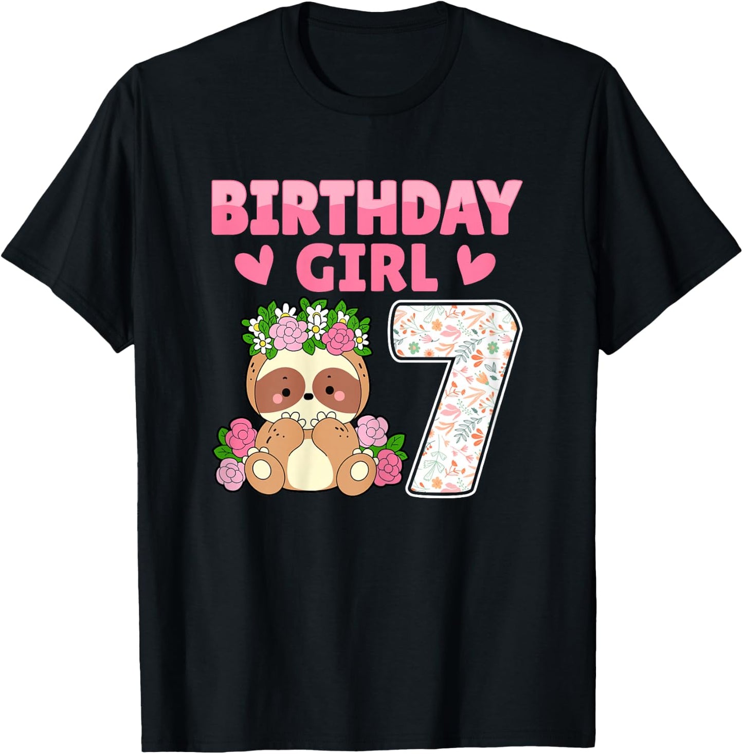 7th Birthday Party Sloth Lover 7 Years Old Birthday Girl T-Shirt - T-Shirt | Black