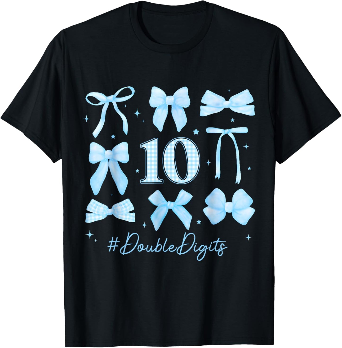 10th Blue Floral Coquette Bow Double Digits Birthday Girl T-Shirt - T-Shirt | Black