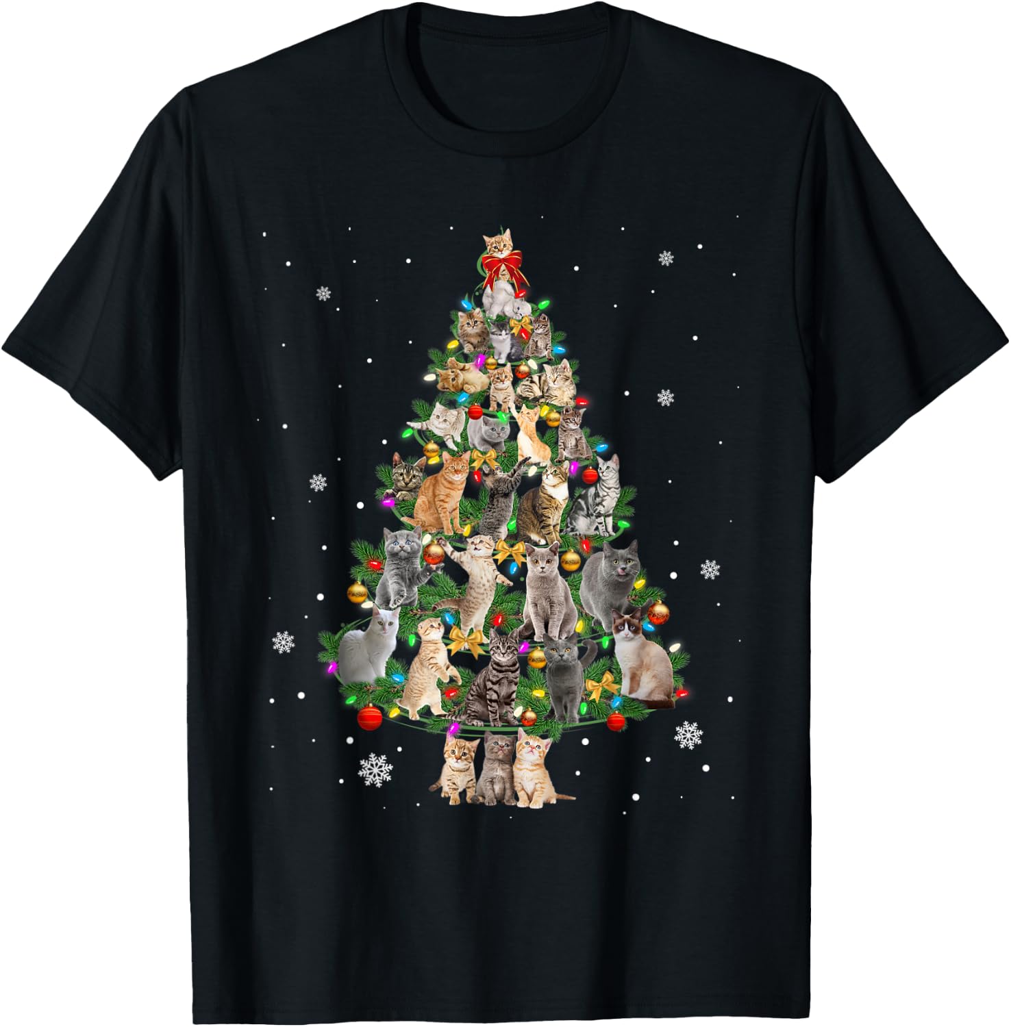 Cat Christmas Cats Tree Lights Funny Gift T-Shirt - T-Shirt | Black