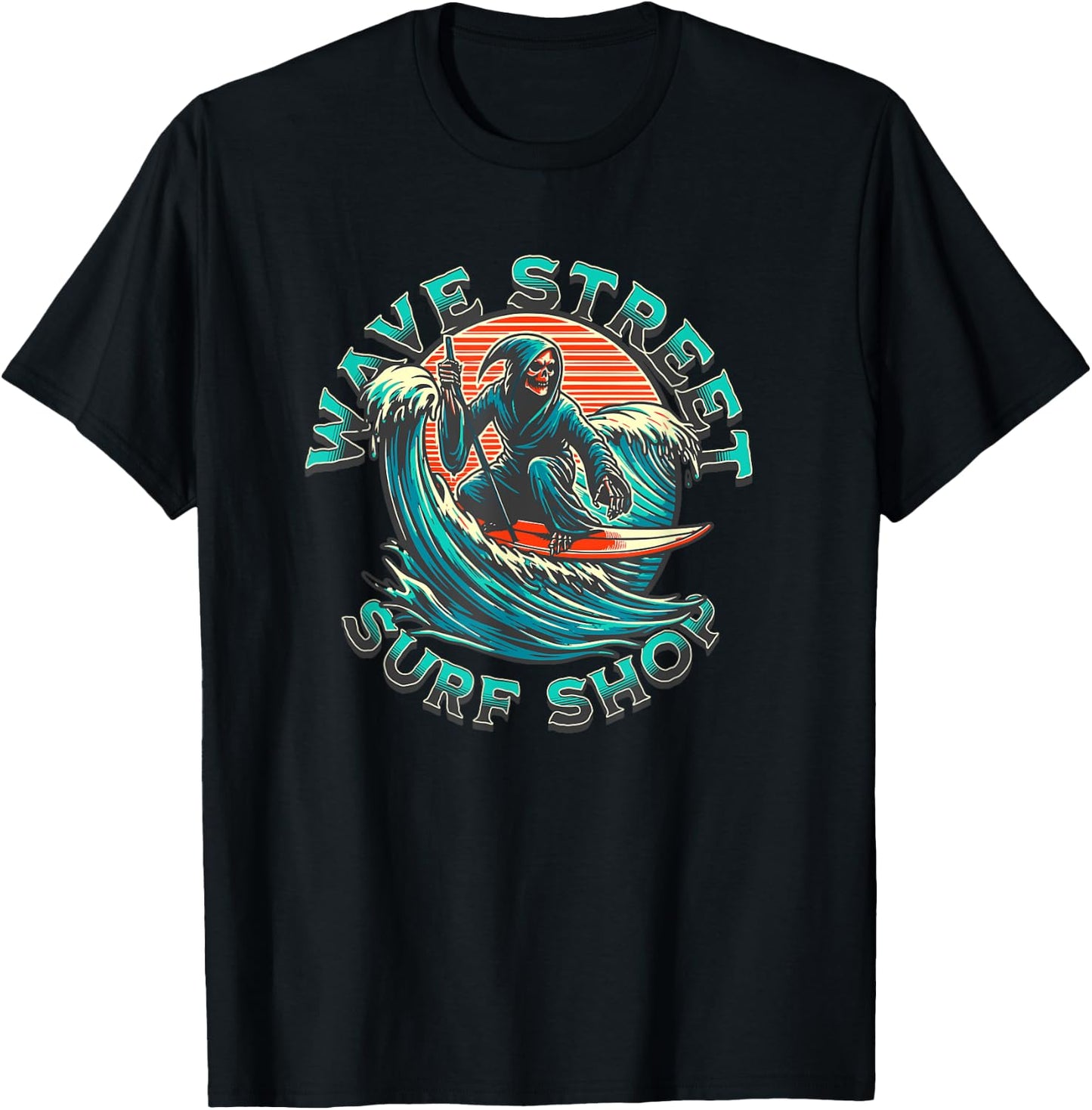 Wave Street Retro Vacation Beach Surfing Skul Graphic T-Shirt - T-Shirt | Black