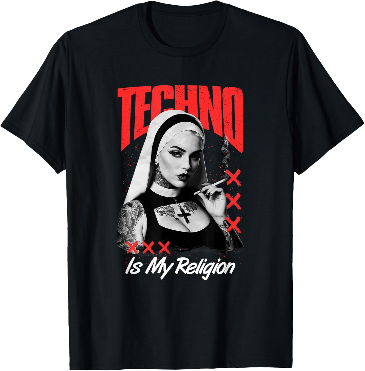 Techno Nun Evening Techno Rave Hardstyle , Black, S T-Shirt - T-Shirt | Black