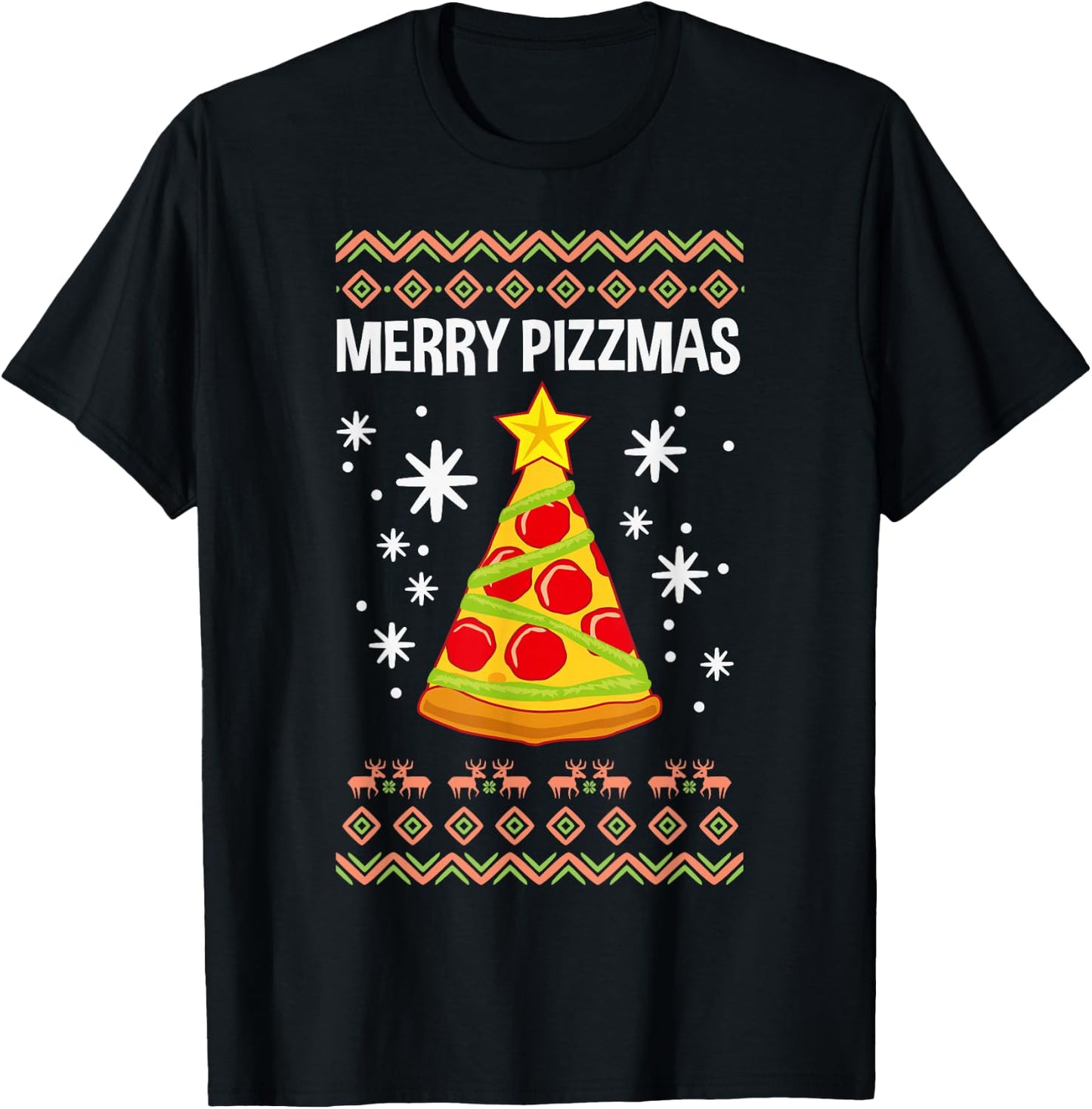 Funny Christmas Pizza Merry Pizzmas Ugly Xmas T-Shirt - T-Shirt | Black