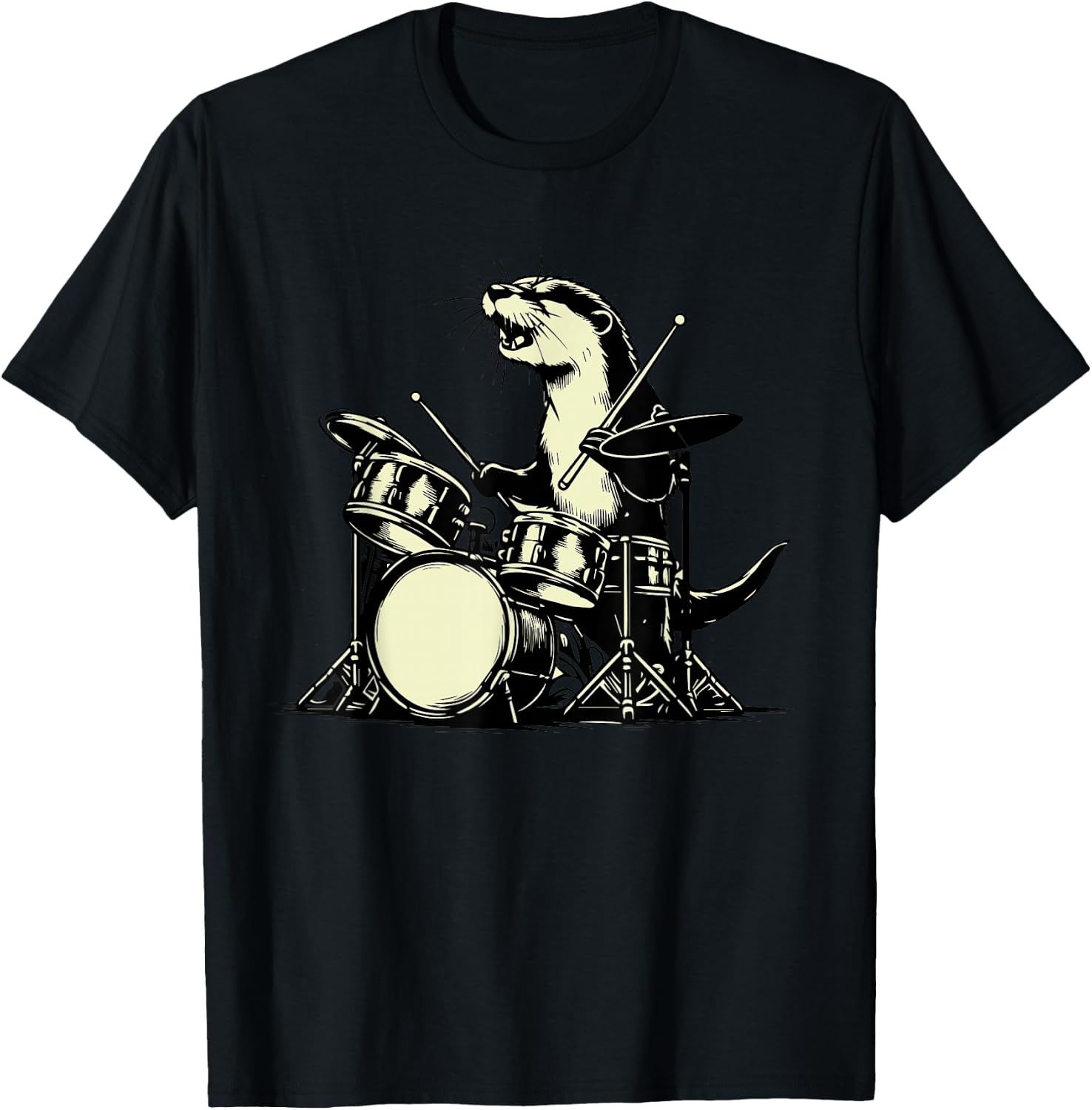 Otter Drummer Rock Retro Drummer Sea Otter Playing Drums T-Shirt - T-Shirt | Black
