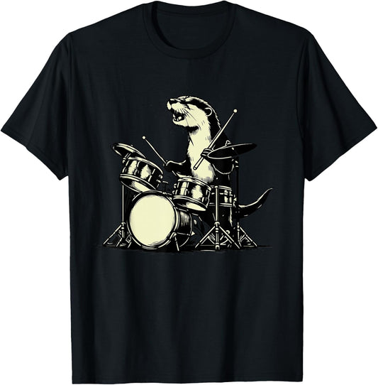 Otter Drummer Rock Retro Drummer Sea Otter Playing Drums T-Shirt - T-Shirt | Black