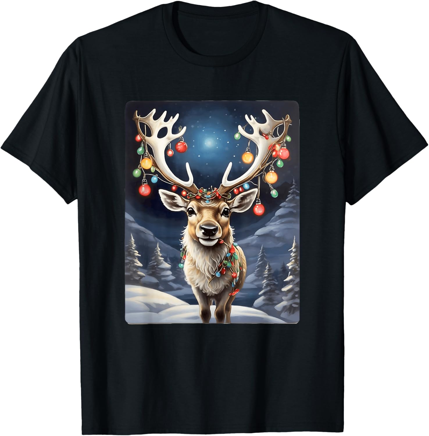 Enchanted Reindeer: Antlers Aglow in Winter Christmas Magic T-Shirt - T-Shirt | Black