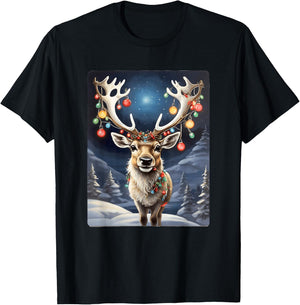 Enchanted Reindeer: Antlers Aglow in Winter Christmas Magic T-Shirt - T-Shirt | Black