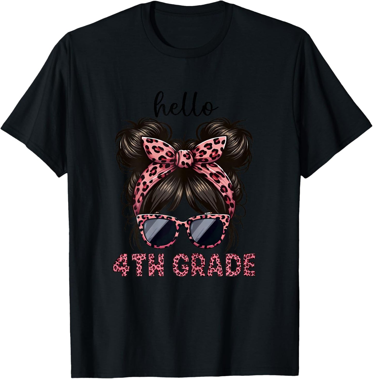Hello 4th Grade Messy Hair Bun Girl Leopard Back To School T-Shirt - T-Shirt | Black