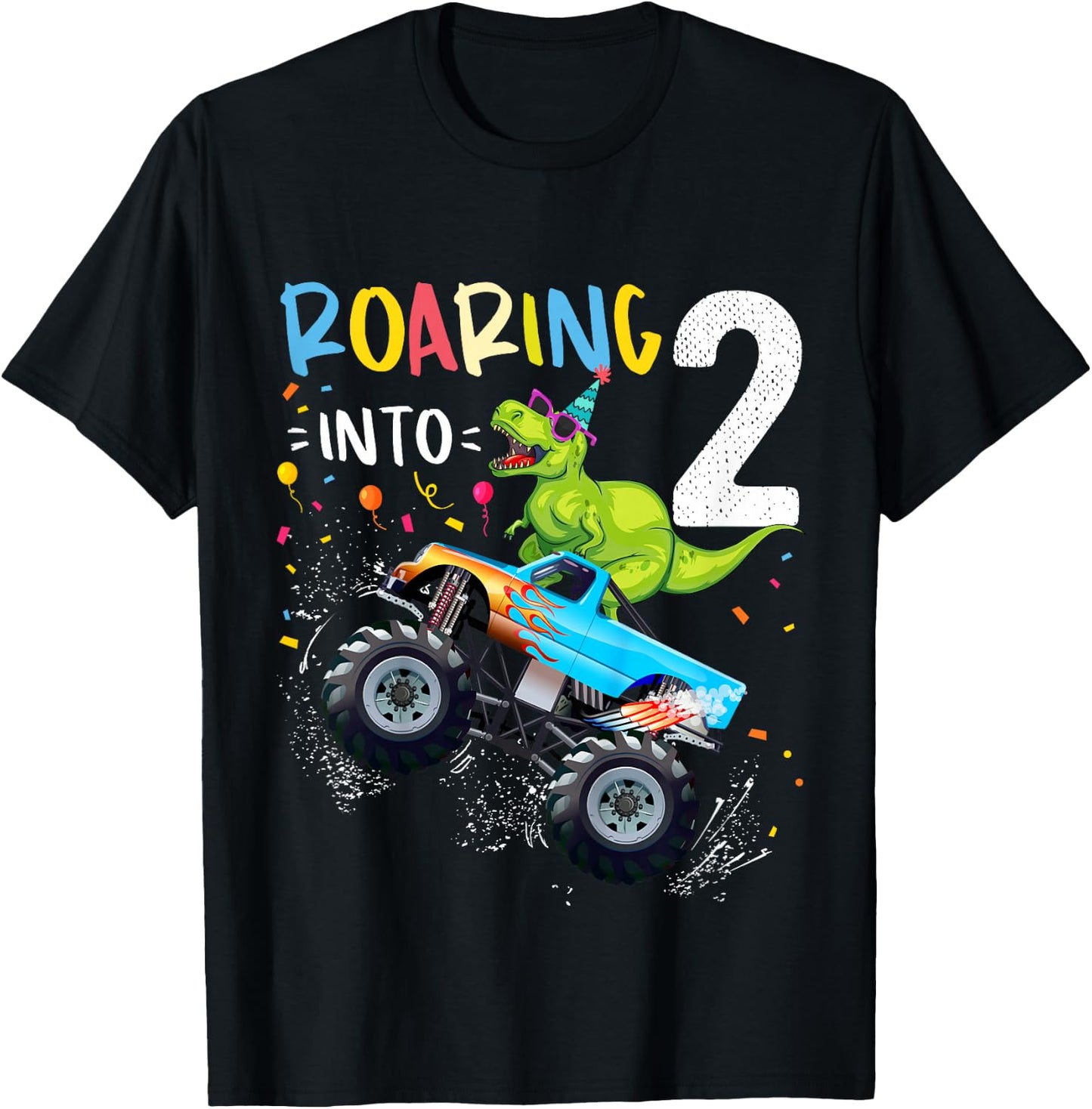 2nd Birthday T Rex Dinosaur Monster Truck Boys and Girls T-Shirt - T-Shirt | Black