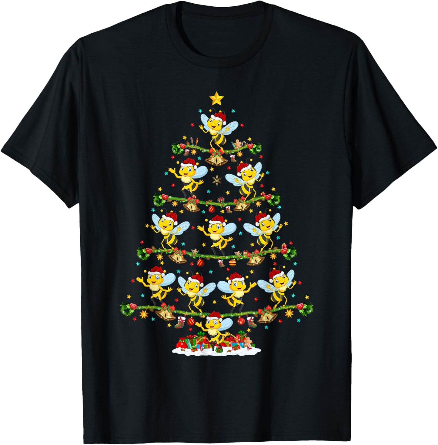 Bee Xmas Tree Lighting Santa Bee Christmas T-Shirt - T-Shirt | Black