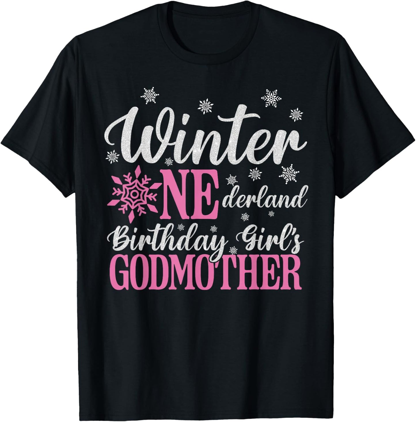 Godmother Pink Winter Onederland 1st Birthday Girl Snowflake T-Shirt - T-Shirt | Black