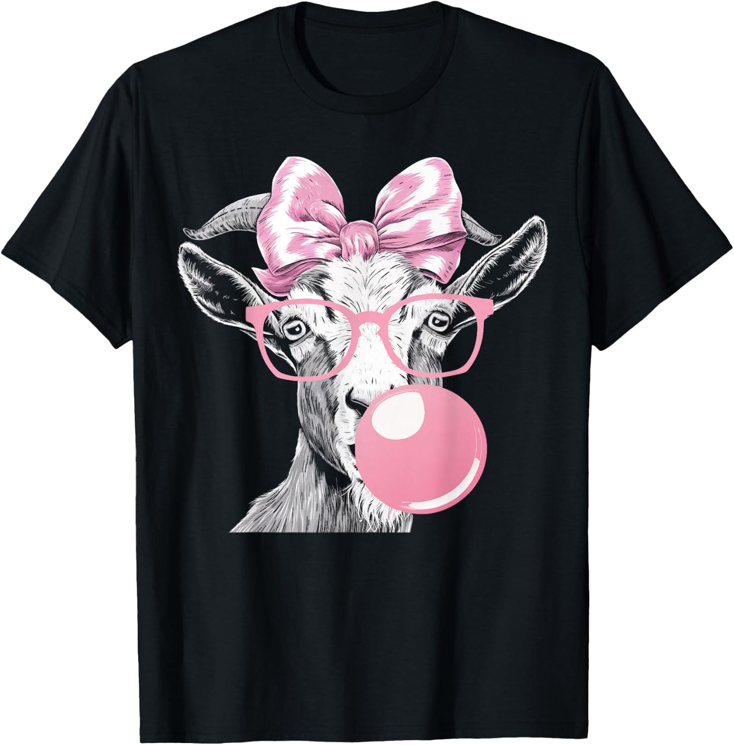 Goat Wearing Glasses and Blowing Pink Bubble Gum T-Shirt - T-Shirt | Black