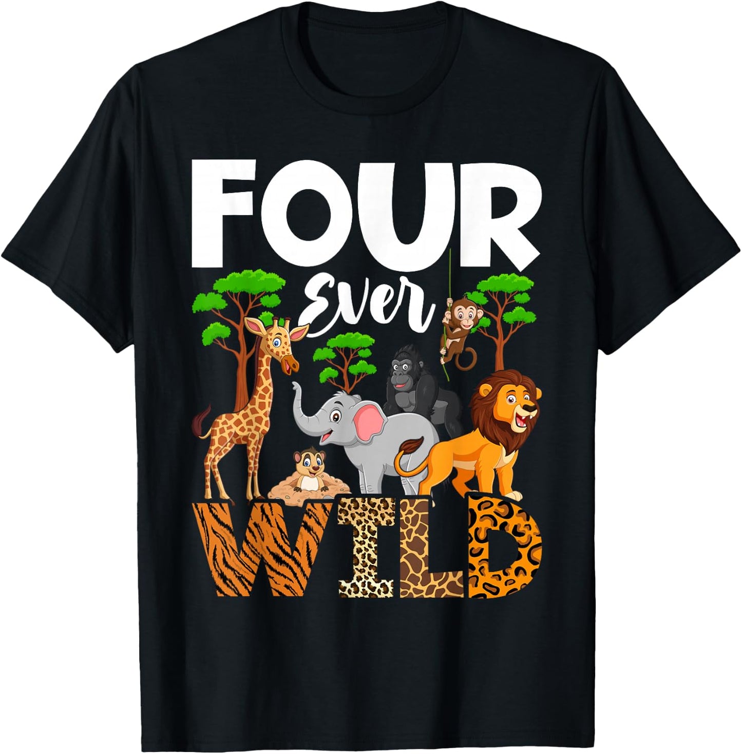 Leopard Girl 4th birthday Four Ever Wild 4 year old Awesome T-Shirt - T-Shirt | Black