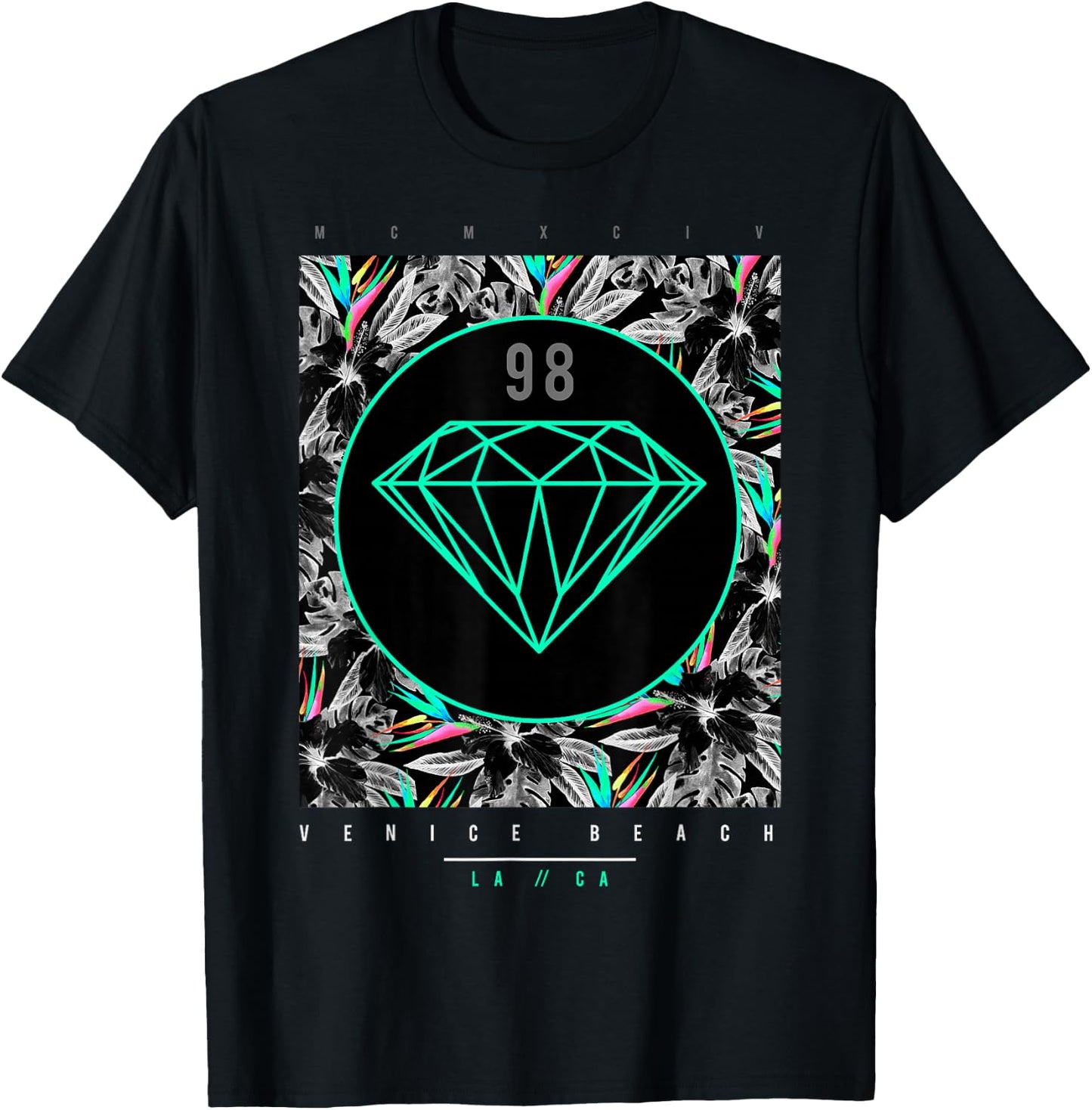 Venice Beach Diamond Color Floral Print T-Shirt - T-Shirt | Black